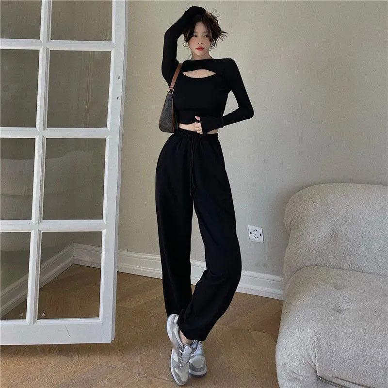 2PCS Ladies Pure Desire Suit Loose High Street Leisure Sports Two-piece Spring and Autumn Long Sleeve Sexy Loose Pants Suit