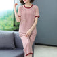 Ladies Embroidered Suit Summer Short Sleeve Pants Top Two Piece Set Casual Loose Homewear Outer Wear Suit Asymmetric Stitching T-Shirt Trousers
