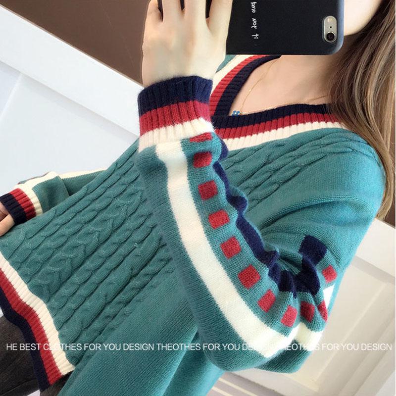 Autumn Japanese Sweater V-neck Fashion Casual Jacket Knitted Striped Youth Women's Top