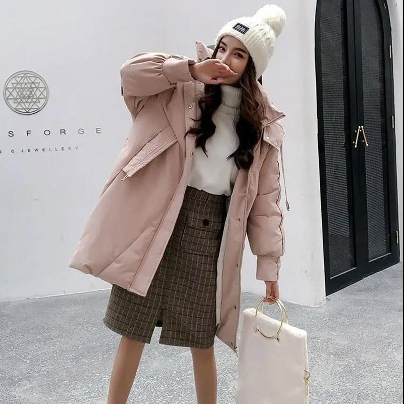 Winter Down Jacket Fashion Slim Zipper Hooded Cotton Jacket Women's Mid-length Solid Color Plus Size Down Coat