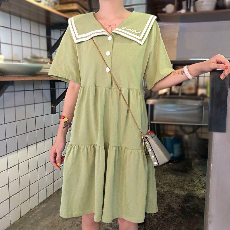 Sailor Suit  Cute Sweet Girl Ruffle College Style Age Reduction Looser  Short Sleeve Dress