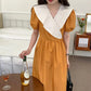 Women's Summer Long Dress Round Neck Puff Sleeves Solid Color V-Neck Dress