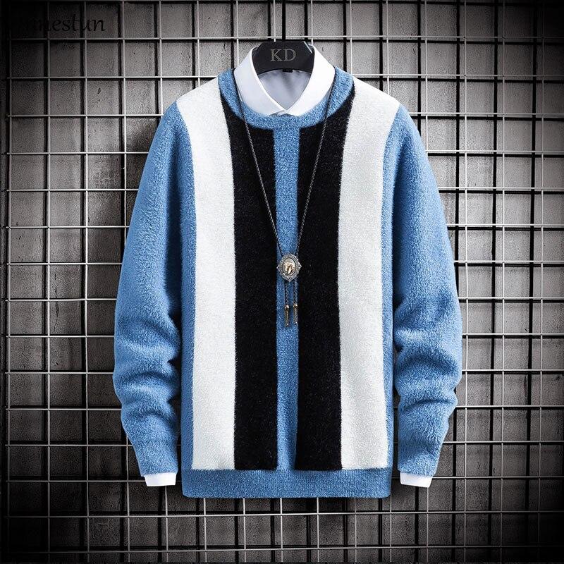 Sweater Men's Clothing Winter Casual Pullover Tops Men Warm Imitation Mink Color Stitching Christmas Sweaters Man