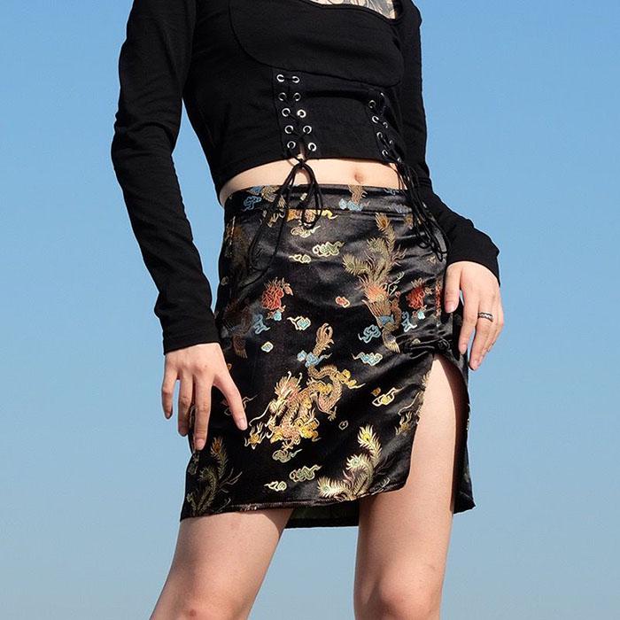 Pofulove Summer Women Chinese Style Split Skirt Anti-light Thin Student Bag Hip Skirts Mini Skirt