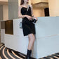 Women's Summer Elegant Temperament Short Dress with A-line Black Drawstring Dress
