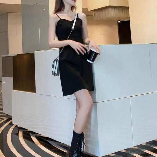 Women's Summer Elegant Temperament Short Dress with A-line Black Drawstring Dress