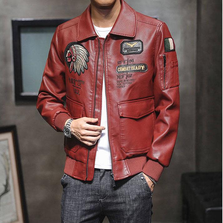 Men's Leather Jackets Embroidery Print Stand Collar Zipper Coat Motorcycle Leather Jacket Mens Coats