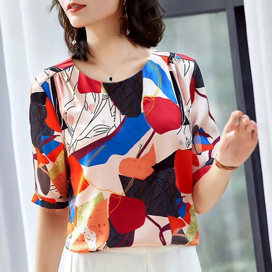 Women's Round Neck Top Summer Print Loose Versatile Ice Silk Short Sleeves