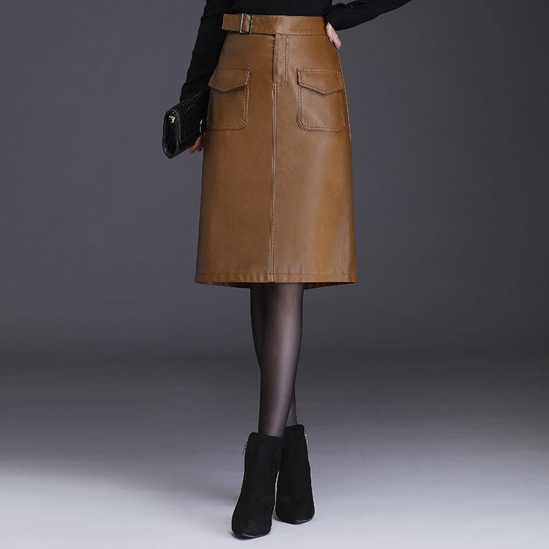 Female Autumn  Winter Leather Skirt High Waist Slim Wrap Skirt PU Leather Knee-length Bodycon Pencil Skirt
