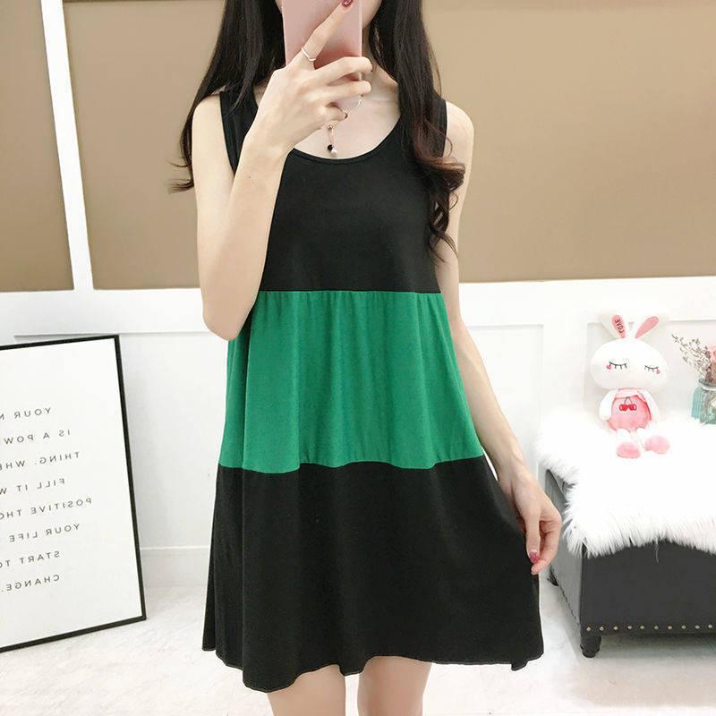 M-XXXXL Yellow red green Summer 3Color Matching Nightdress Loose Comfortable Sweet Cute Sexy Over The Knee Plus Size Tracksuit Vest Skirt Daily
