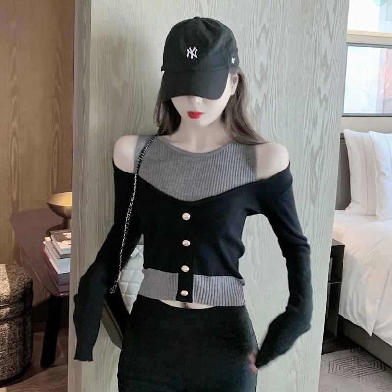 Spring and Autumn Fashion One-shoulder Top Slim Long-sleeved Sexy Sweater Fashion Stitching Strapless Jacket