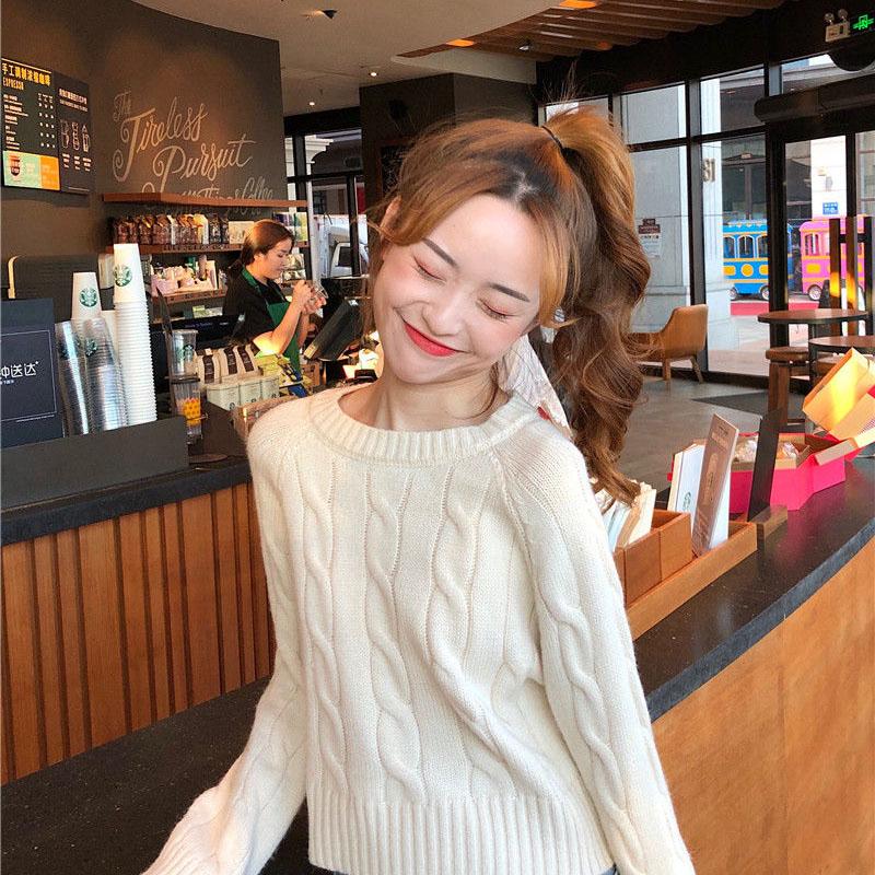 Spring and Autumn Loose Knitted Sweater Long Sleeve Pullover Casual Jacket Short Pure Color Women's Top