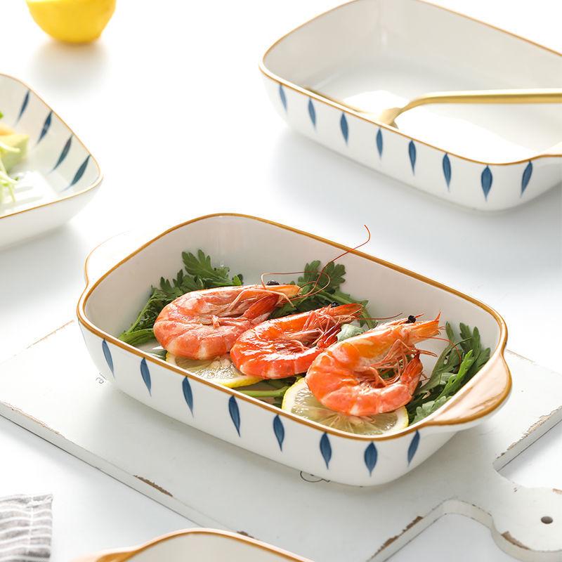 Japanese-style Hand-painted Handle Plate Bowl Creative Net Celebrity Baking Baked Rice Binaural Baking Tray Oven Special Ceramic Tableware Set