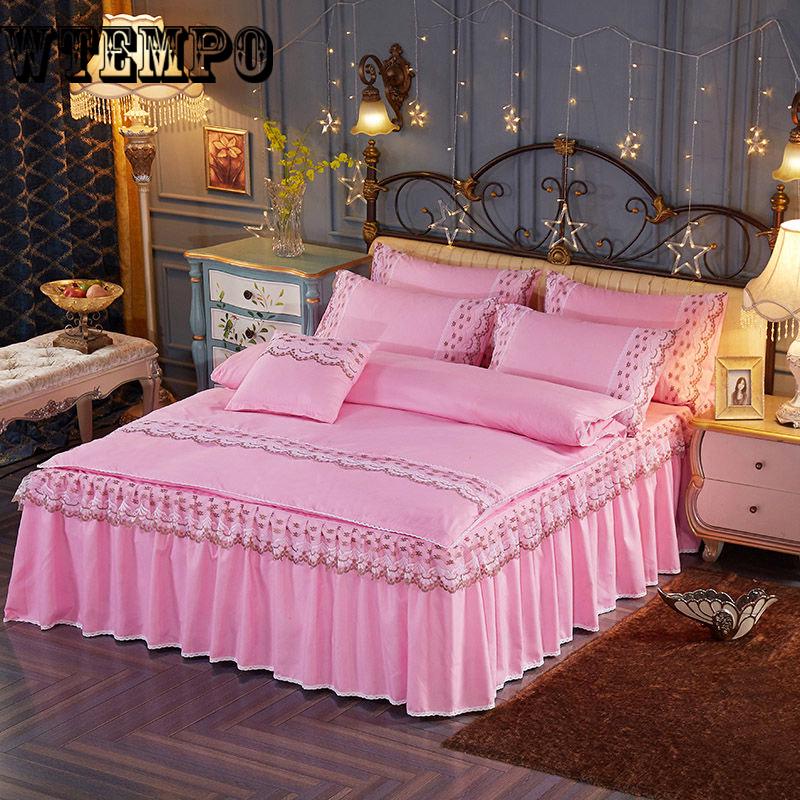 Solid Color Washed Bed Skirt Set 200x230CM Size Bedding Bedsheet Bedspread Pillowcase