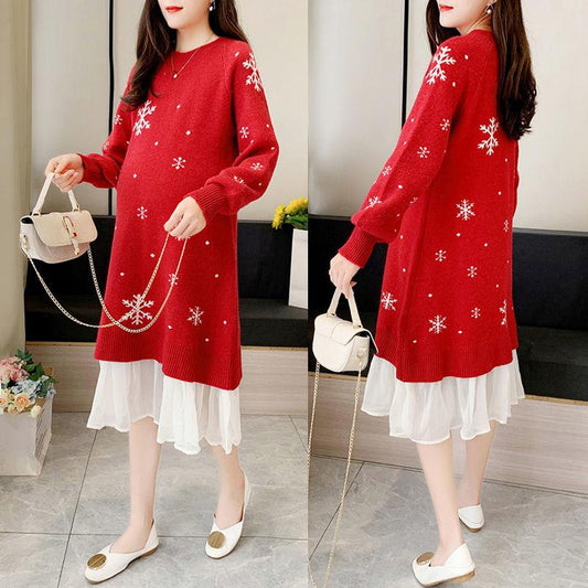 Autumn and Winter Snowflake Christmas Maternity Clothes Long Sleeve Dress Mid-length  Loose Plus Size Round Neck Knitted Skirt