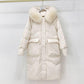 Women's Mid-length Down Jacket Wild Loose Thick Fluffy Big Fur Collar Hooded White Duck Down Jacket Warm Winter Thick Coat
