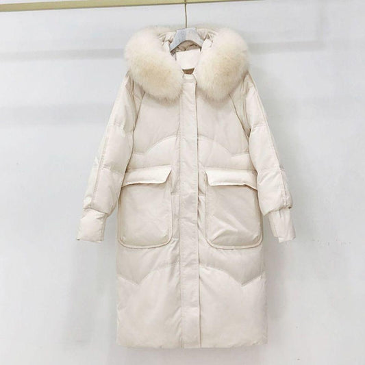 Women's Mid-length Down Jacket Wild Loose Thick Fluffy Big Fur Collar Hooded White Duck Down Jacket Warm Winter Thick Coat