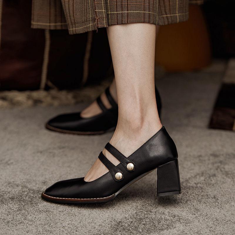 Single Shoes Women's Autumn One-step Thick Heel Casual Sweet Shallow Mouth Square Toe All-match Mary Jane Shoes Women