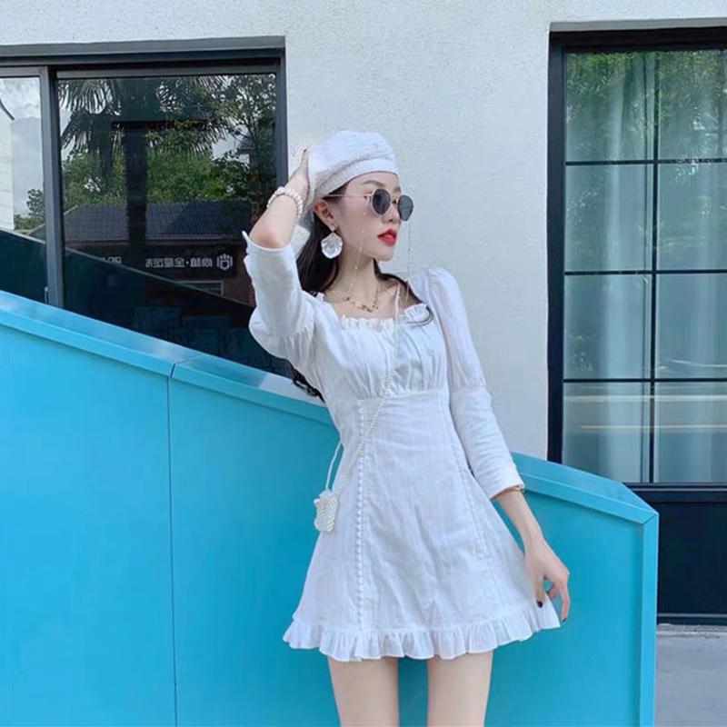 White Sexy Women's Summer Dress Ruffle Knee-length Daily Wear Office Dating Party