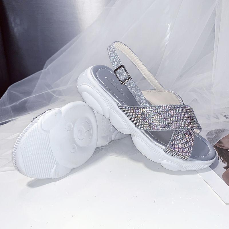 2021 Summer New Sandals Women All-match Casual Soft-soled Flat-heeled Non-slip Sandals Slippers Rhinestone Surface Women