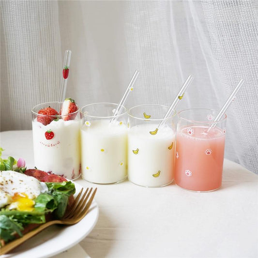 300ML Strawberry Cute Nordic Glass Cup Creative Transparent Water Cup Student Milk Heat Resistant Glass Home Party Drinking Cup