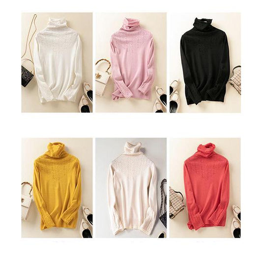 Autumn and Winter Pile Collar Sheep Sweater Pullover Loose Turtleneck Blouse Hollow Knit Bottoming Shirt