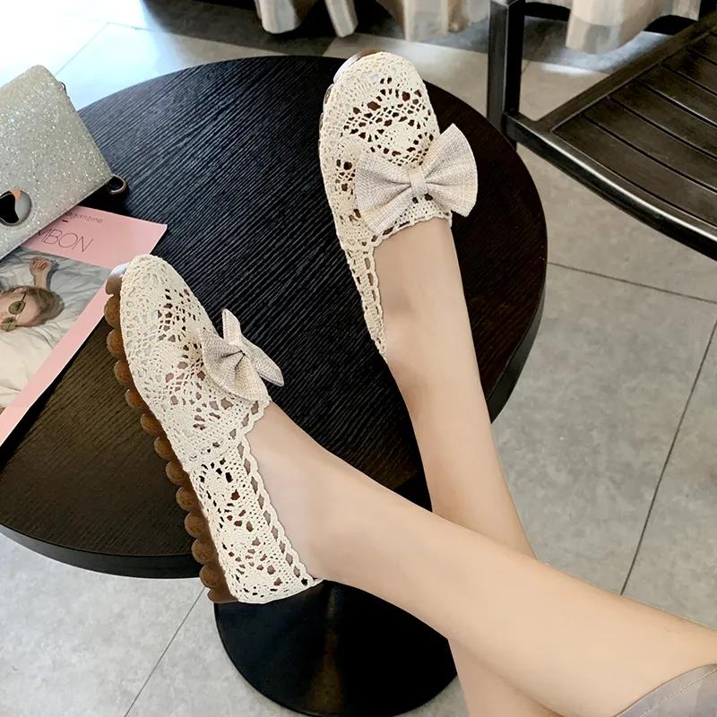 Knitted Hollow Shoes Breathable Cloth Shoes Tendon Soft Bottom Non-slip Peas Shoes Flat Casual Shoes Women's Shoes Loafers