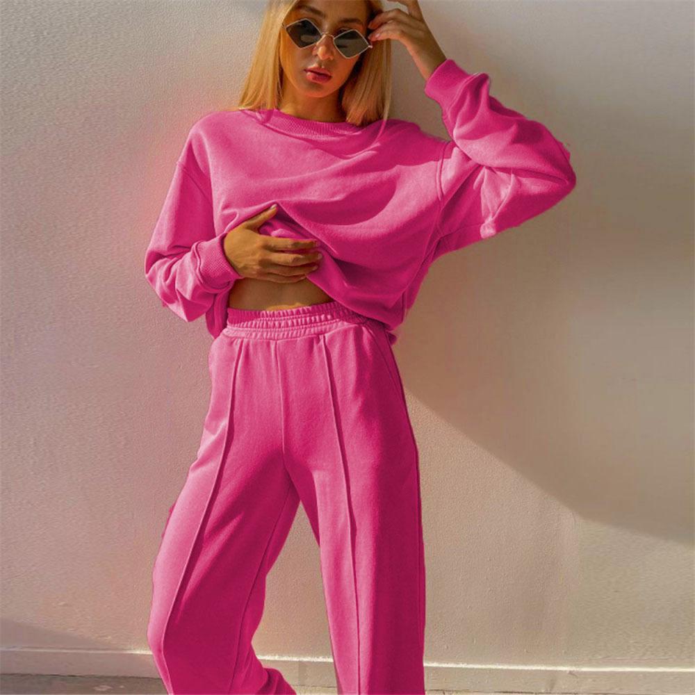 Solid Color Long-sleeved Round Neck Sweater Suit Women's Fall/winter 2021 Loose Top Wide-leg Pants