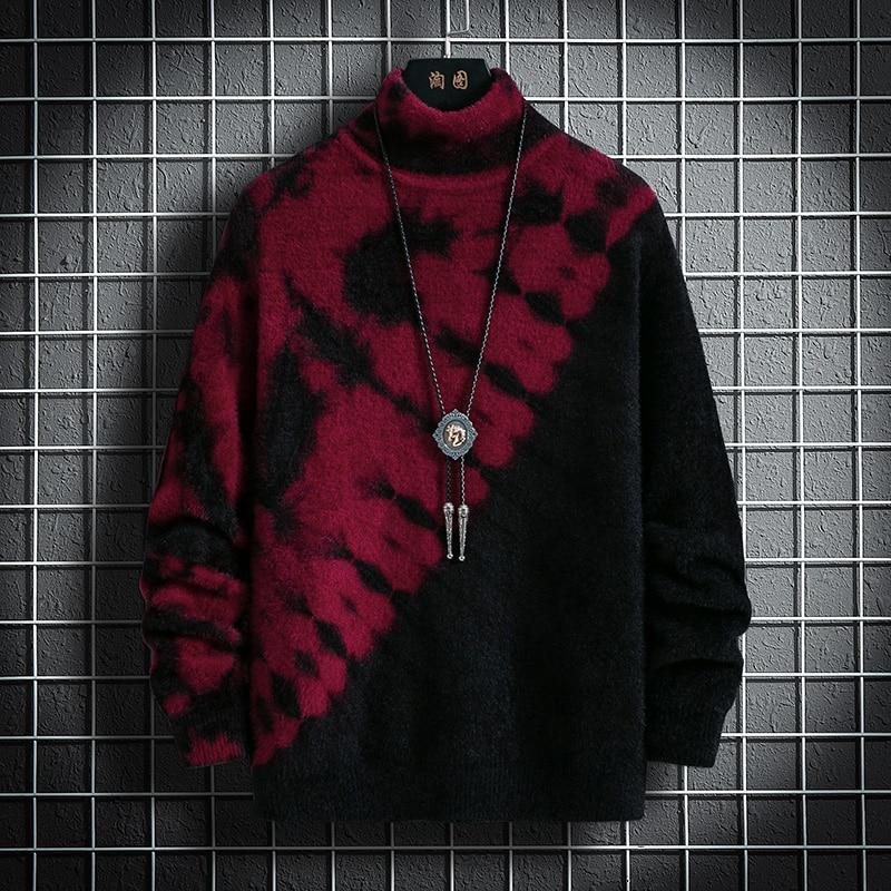 Sweater Winter Men's Knitted Pullover Casual Hip Hop Print Warm Turtleneck Imitation Mink Sweaters Man Tops