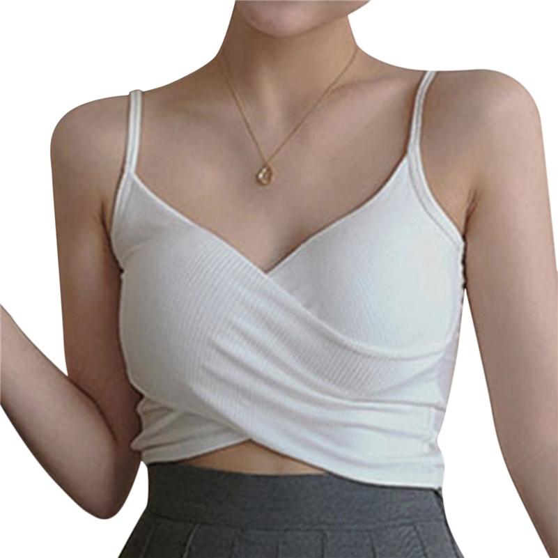Elastic Women's Padded Tank Crop Tops Solid Color Spaghetti Straps Sleeveless Tops