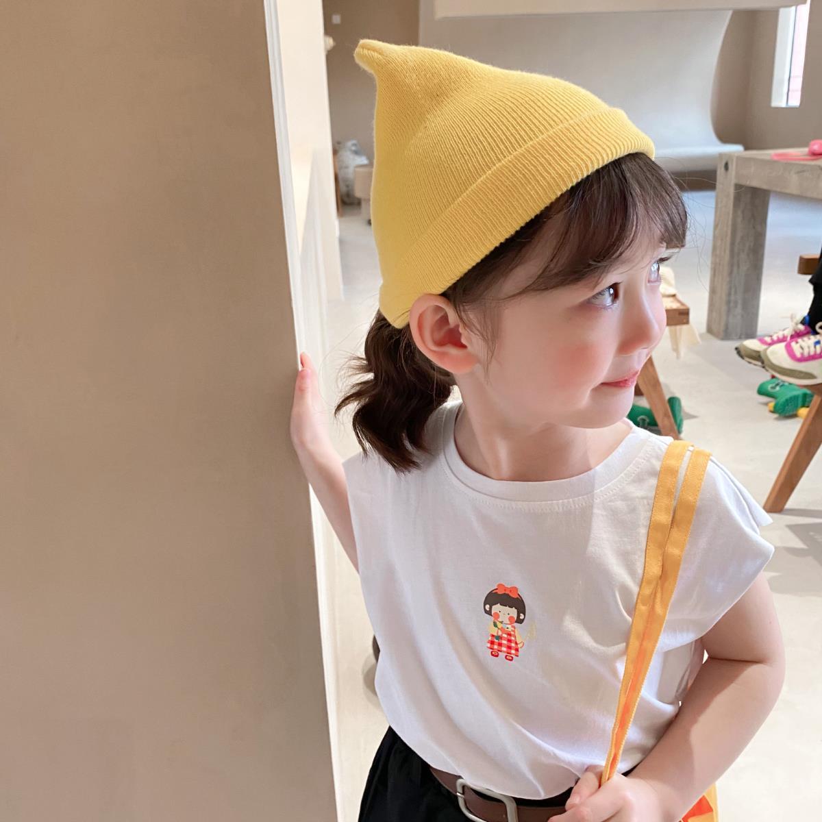 Summer Kids Cute Tops Korean Style T Shirts Girls' Short Sleeve T-shirt Open Back Printed Solid for Children Girls