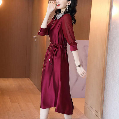 Plus Size M-XXXXL Summer Silky Satin Ladies Dress Over-the-knee Stand-collar Dress Free Belts of The Same Color
