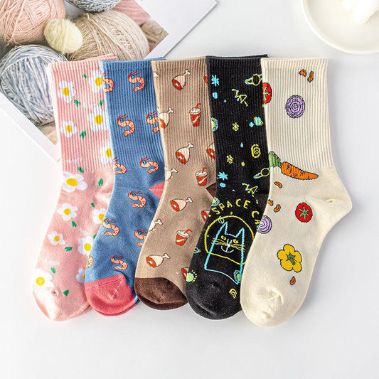 Five Pairs of Women's Socks Fashion Print Cartoon Pattern Socks Winter Thick Warm Pile Pile Socks