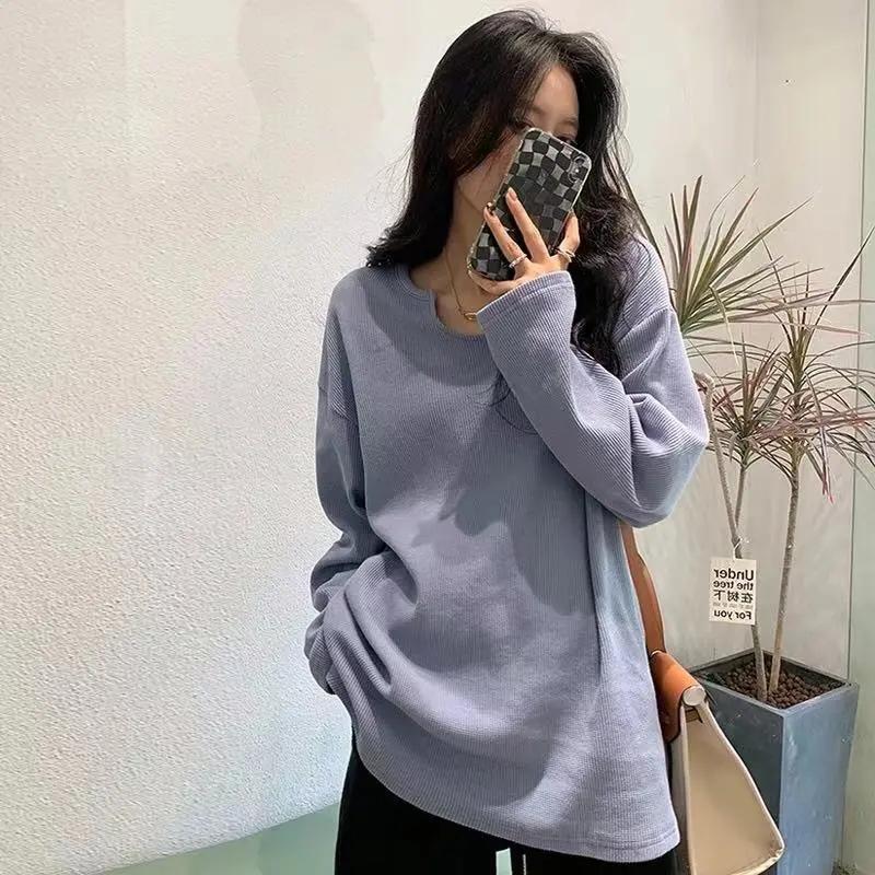 Waffle Women's Long-sleeved T-shirt Ins All-match Bottoming Shirt Women's Spring and Autumn Loose Women's Tops Casual Blouses for Girl