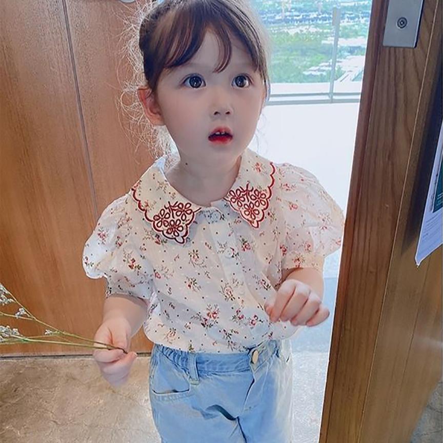Children's Top Summer Thin Girl's Retro Style Shirt Floral Embroidery Bubble Sleeve Pleated Shirt