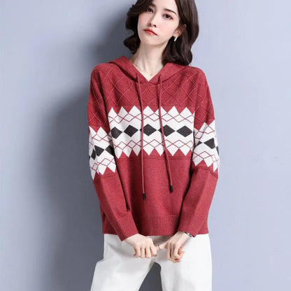 Hooded Sweater Women Rhombus Jacquard All-match Sweater Loose Pullover Women