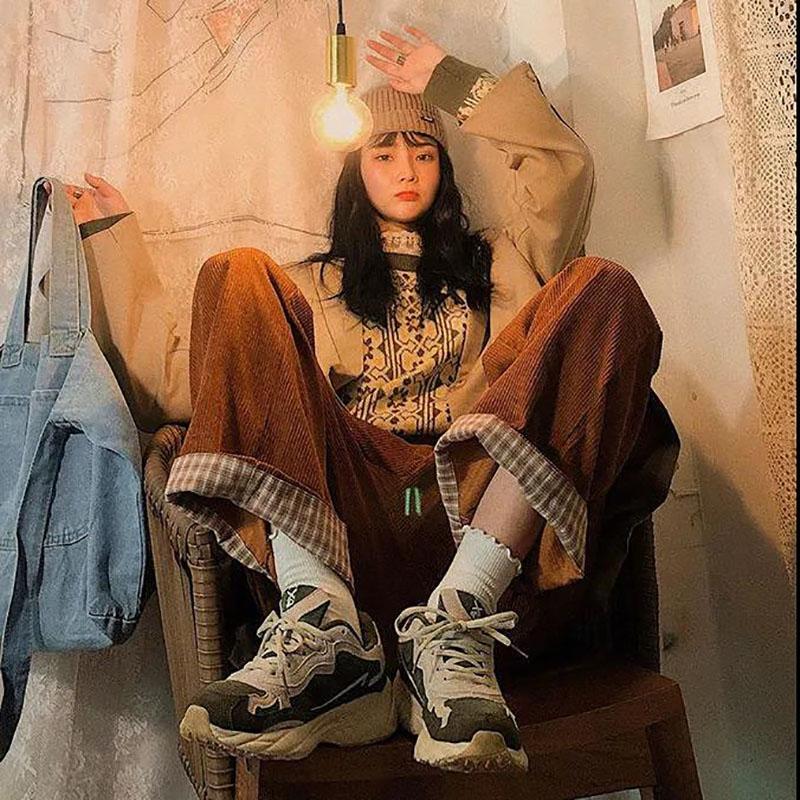 Autumn and Winter Models Plus Velvet Pants Korean Loose Wild Trend Vibe Retro Corduroy Wide-leg Pants Women