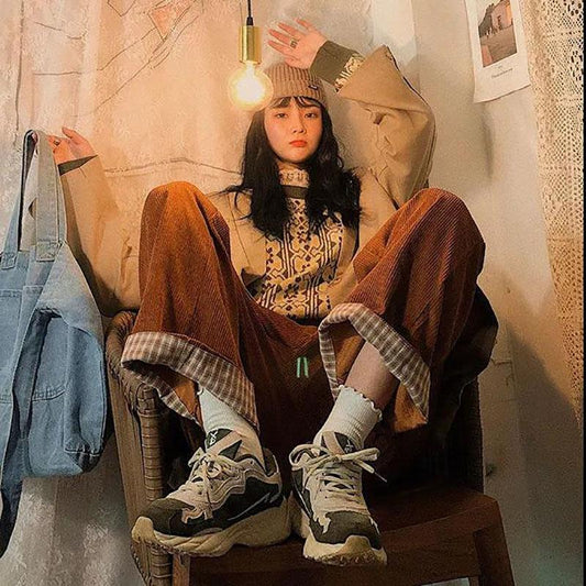 Autumn and Winter Models Plus Velvet Pants Korean Loose Wild Trend Vibe Retro Corduroy Wide-leg Pants Women