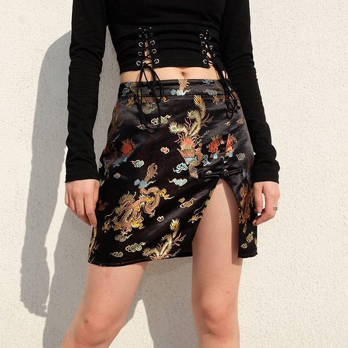 Pofulove Summer Women Chinese Style Split Skirt Anti-light Thin Student Bag Hip Skirts Mini Skirt