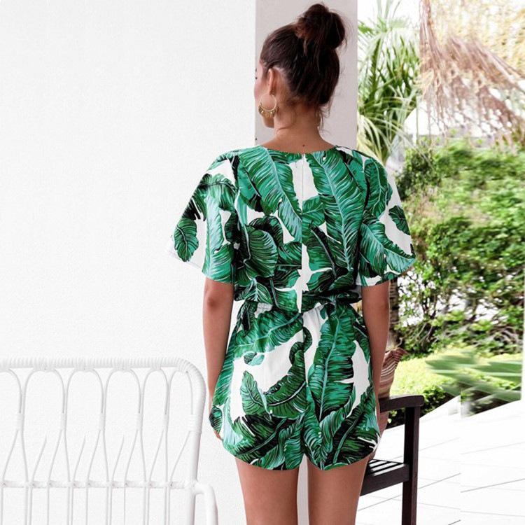 Summer V-neck Lotus Leaf Sleeves Leaf Print Skirts Cross-border Hot Chiffon One-piece Hakama