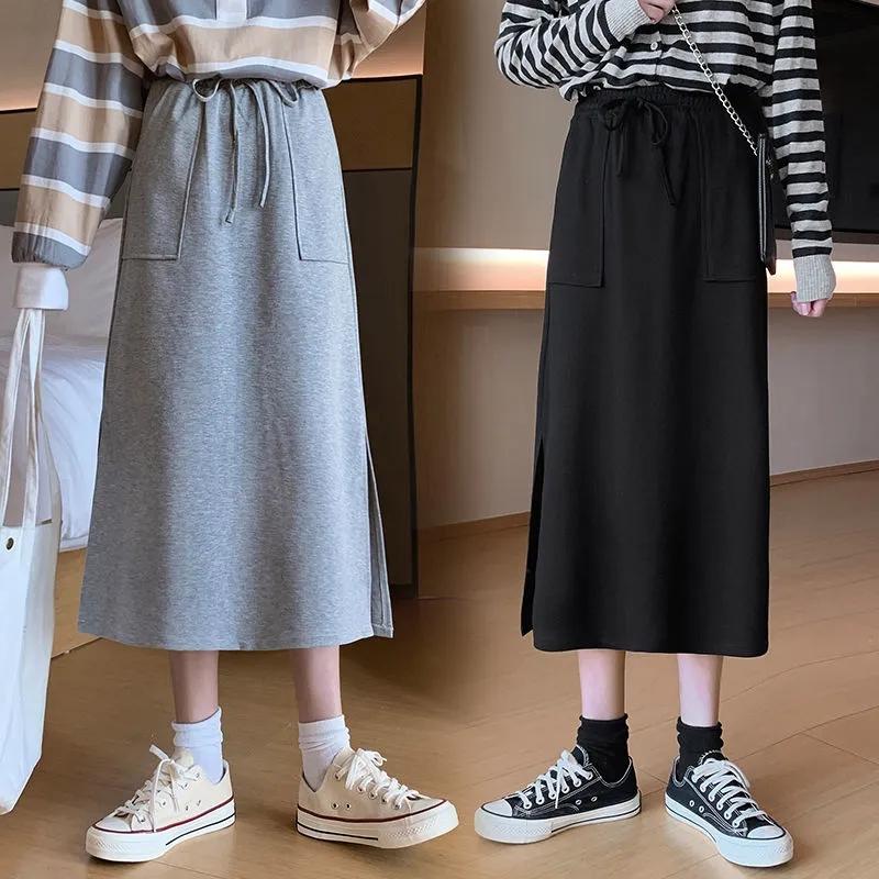 Skirts for Women Spring Summer Elastic High Waist Skirt Female Solid Color Loose Split A-line Skirts Girl's Long Sports Skirt