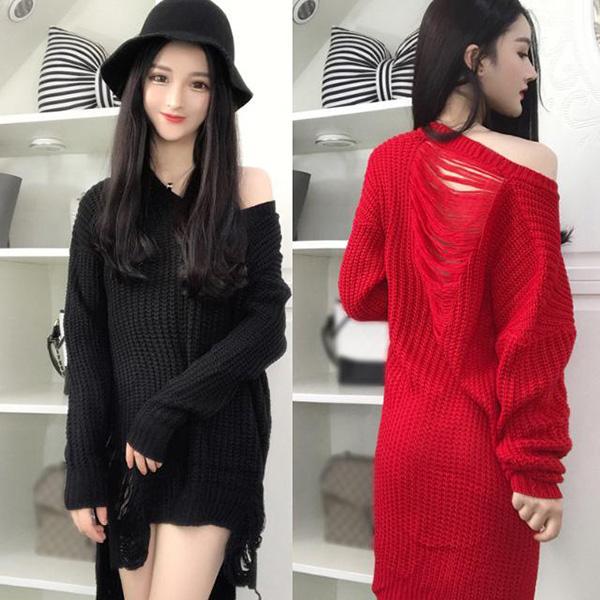 Spring and Autumn Sexy Mid-length Sweater V-neck Pullover Irregular Top Loose Hole Knit Sweater Dress
