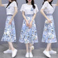 Women's Summer Clothing Set Elegant Butterfly Sleeve Chiffon Top High Waist Printed A-Line Hip Dress Two Piece Set Summer Plus Size Beach Dress Suit