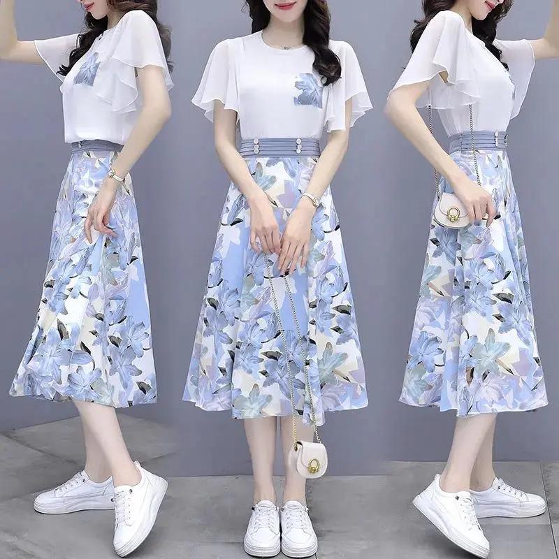 Women's Summer Clothing Set Elegant Butterfly Sleeve Chiffon Top High Waist Printed A-Line Hip Dress Two Piece Set Summer Plus Size Beach Dress Suit