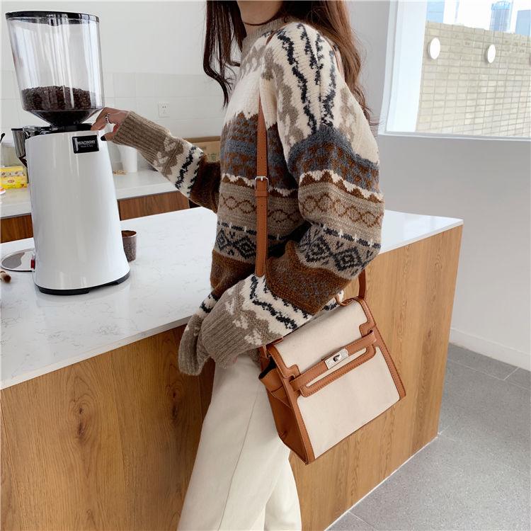 Vintage Geometric Pattern printed Sweater Women Loose Casual Pullover Sweater Top Students All-match Knitwear Outer Wear
