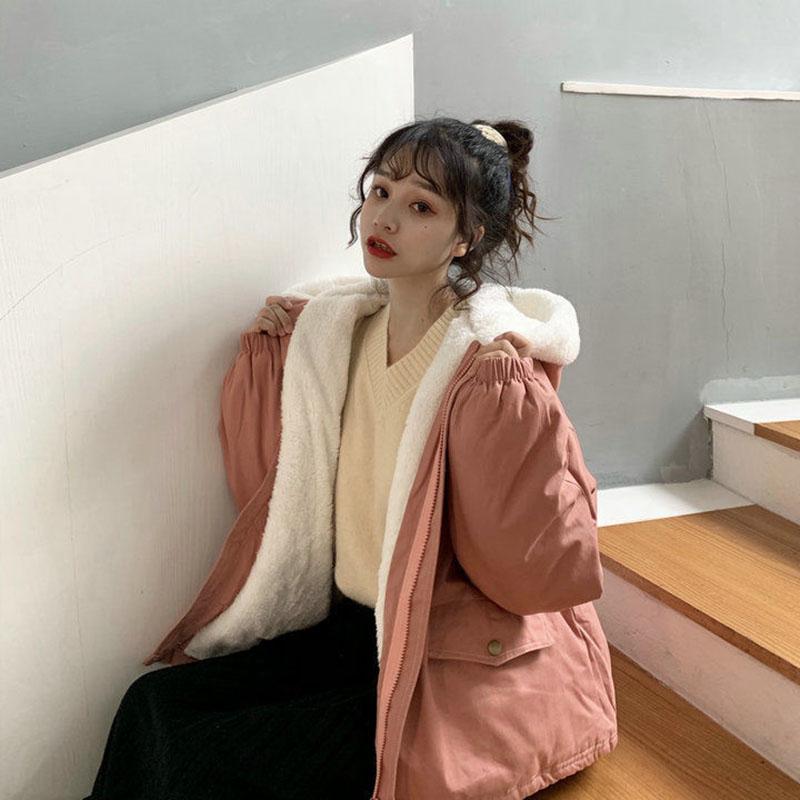 Autumn and Winter Imitation Lamb Wool Padded Coat Women Korean Style Ns Style All-match Coat Solid Color Hooded Women Coat