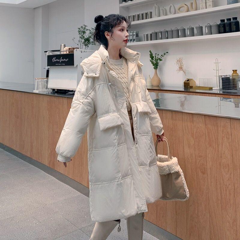 Mid-length Loose Bread Jacket White Duck Down Jacket Women Long Over The Knee Thick and Warm Loose