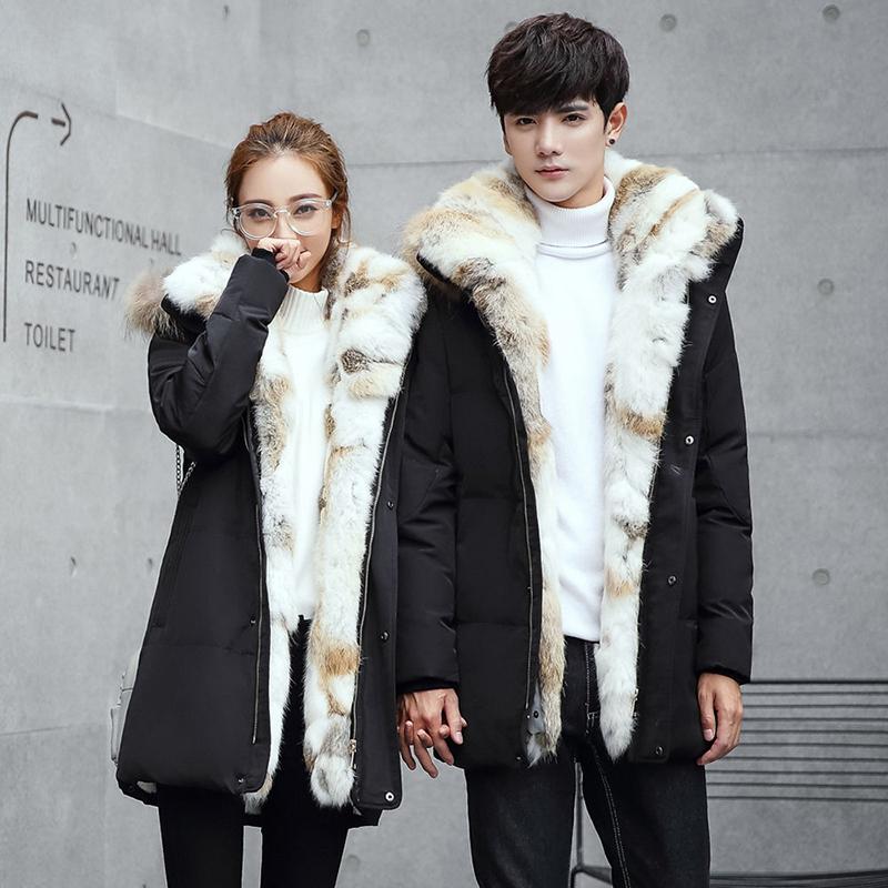 Fashion Big Fur Collar Couple Wear Down Jacket  Mid-length Plus Velvet Thickening Slim Plus Size Winter Jacket