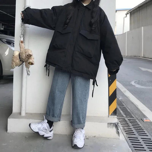 Cotton Jacket Female Autumn and Winter Students Korean Style Loose Tooling Hong Kong Wind Cotton Coat Winter Thickening