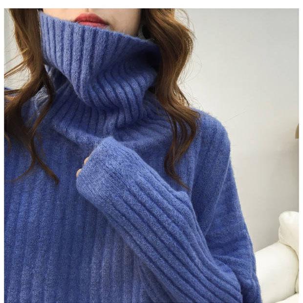 Solid Color Turtleneck Long-sleeved Sweater Women's Loose Vertical Stripes Knitted Sweater